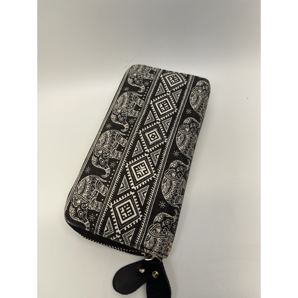 Elephant Print Zip Around Wallet Clutch Wristlet Black White Boho Tribal